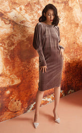 Elegant velvet midi dress with draped dolman sleeves and soft stretch finish for evening wear